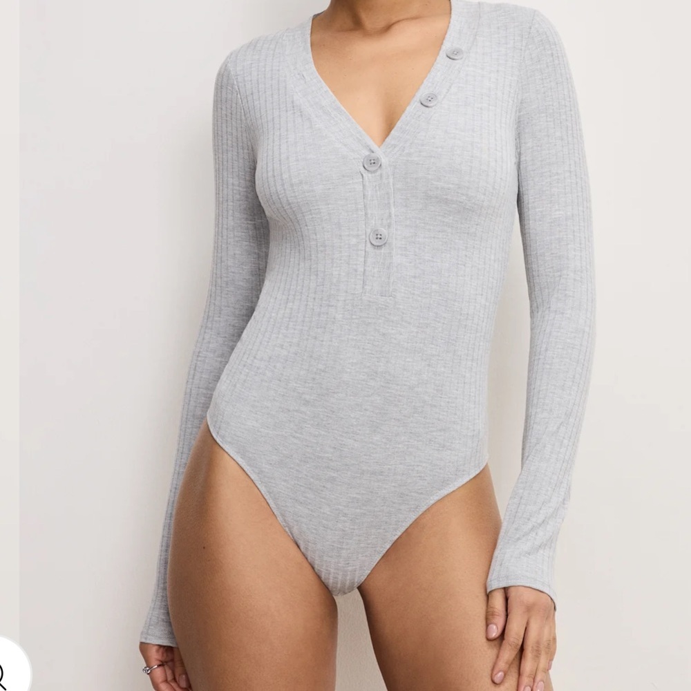 Good American Ribbed Henley Long Sleeve Bodysuit - Heather Grey - Size 1 (S)
